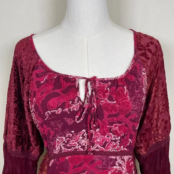 Vintage Faded Glory Peasant Top Women XL Red Floral Velvet Burnout Bell Sleeve - Picture 2 of 10